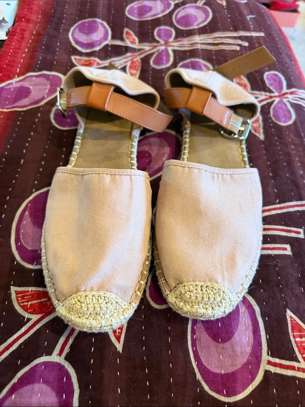 Style & Co. Pink Espadrille Ankle-Strap Flats with Tan Strap 10